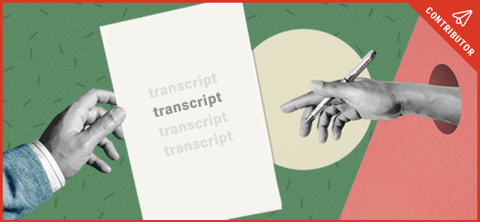 Two outreached hands, passing off a transcript to another