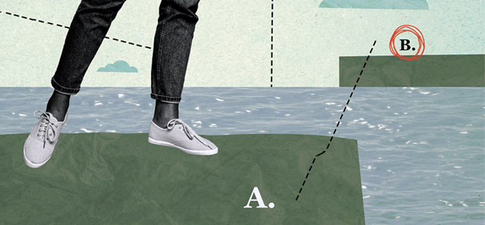 A set of legs, looking toward a point A and B to signify transferring from a community college to university