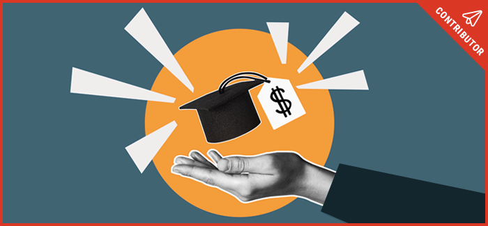 A hand holding a graduation cap with a price tag attached to signify opportunity cost