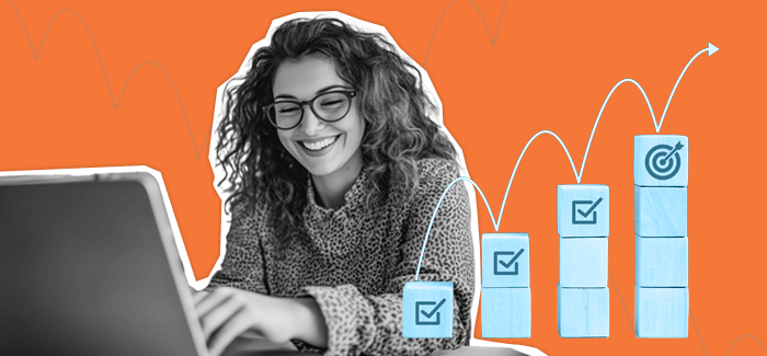 A woman working at her laptop happily with blocks ascending upward to signify 'learn skills online' and upskilling/how to upskill