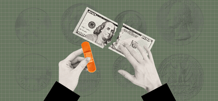 A person putting a bandaid on a broken hundred dollar bill to signify an emergency fund