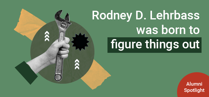 Illustration of a hand holding a wrench to denoate how UOPX alumnus Rodney D. Lehrbass was born to figure things out