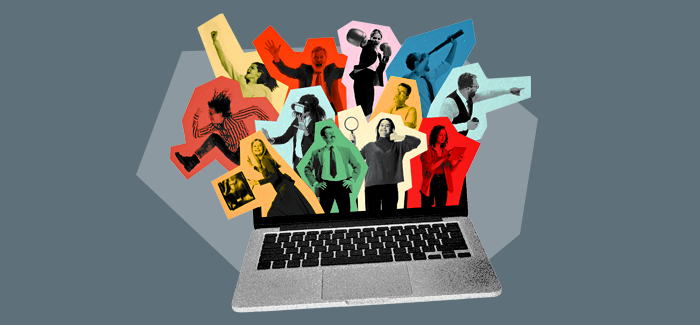A laptop with business people jumping out of the screen to signify workplace communication styles