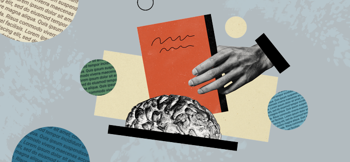 A hand holding a book next to a brain to represent 'does reading improve memory'