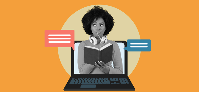 A student overlooking a book to signify what to expect in online classes