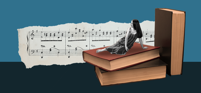 A woman sits on a stack of books with a scrap of sheet music show in the background in this illustration
