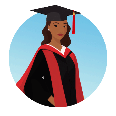 Illustrated icon of colored woman wearing graduation regalia