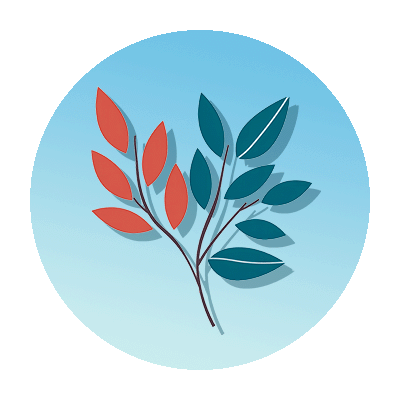 Illustrated icon of red and blue leaves