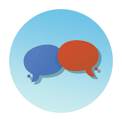 Illustrated icon of red and blue speech bubbles