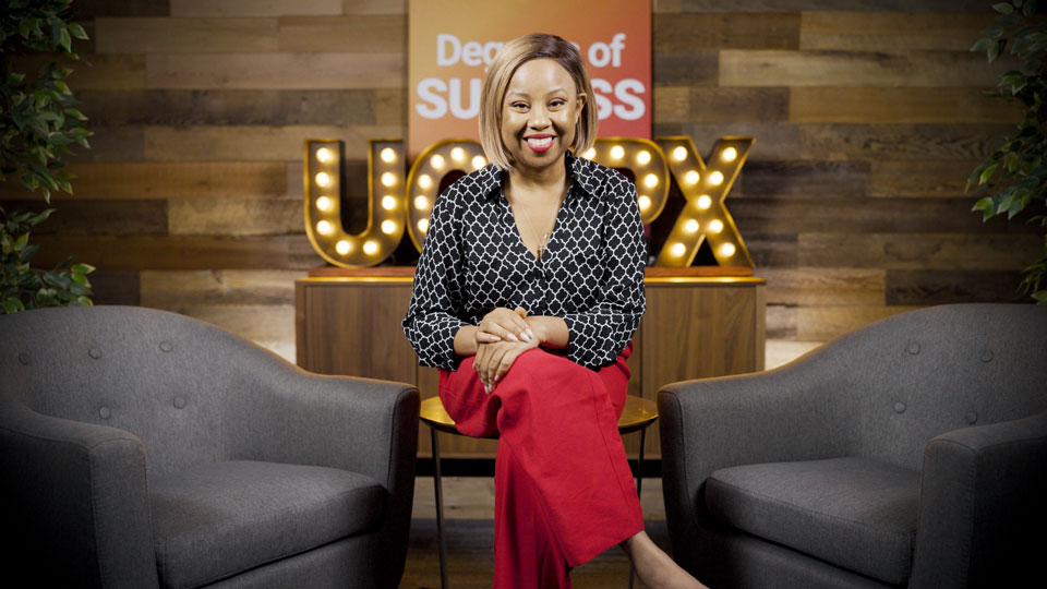 Degrees of Success podcast host Freda Richards in the podcast recording studio