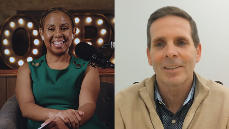 Podcast host Freda Richards and guest John Kirch pictured during the taping of the podcast