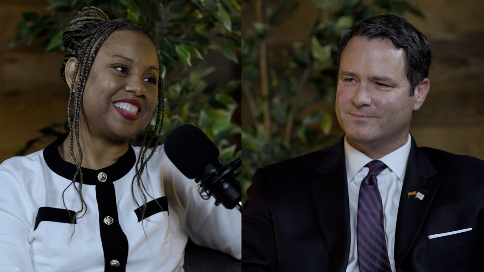 Podcast host Freda Richards and guest Brian Sandusky pictured during the taping of the podcast