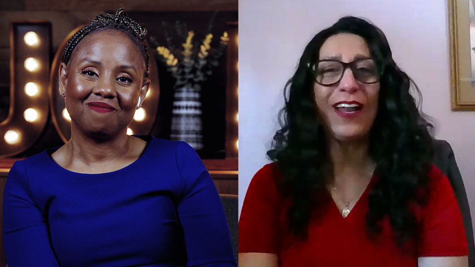 Podcast host Freda Richards and guest Elma Arellano pictured during the taping of the podcast