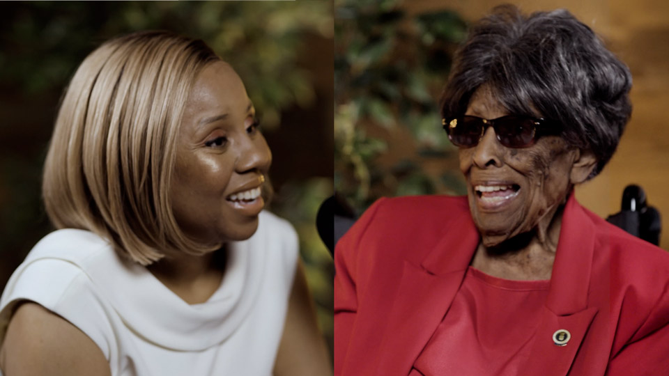 Podcast host Freda Richards and guest Fannie McClendon pictured during the taping of the podcast