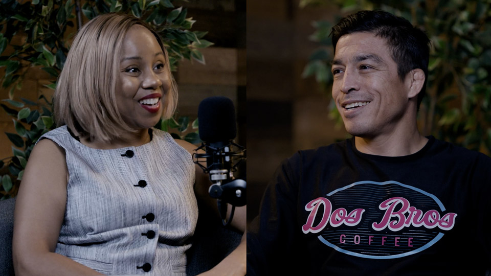 Podcast host Freda Richards and guest Orlando Jimenez pictured during the taping of the podcast