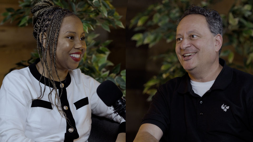 Podcast host Freda Richards and guest Dr. John Woods pictured during the taping of the podcast