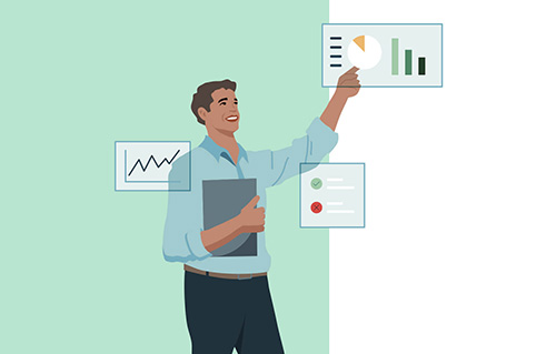 An illustration showing a financial analyst pointing to a pie chart