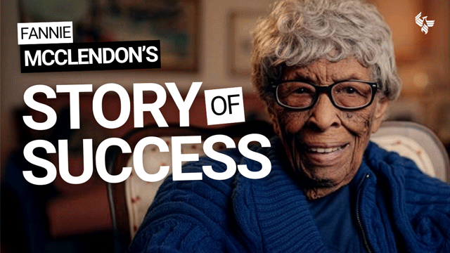 Fannie McClendon smiles while seated indoors in a warmly lit room, with bold text reading “Fannie McClendon’s Story of Success.”