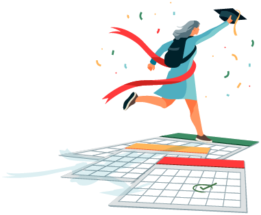 Graduate lifts a mortarboard as she passes the finish line
