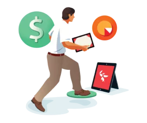 A man strides forward while holding a tablet in one hand