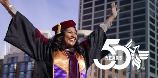 University of Phoenix graduate celebrating alongside the 50 years of Innovation University of Phoenix logo