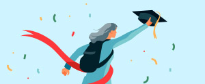 Illustration of a graduate finishing a race, holding her graduation cap