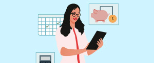 Illustration of a woman in a dress shirt interacting with a tablet