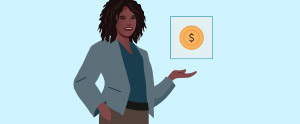 Illustration of a business woman holding a circular symbol with a dollar sign in it