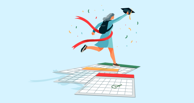 Illustration of a woman running a race and crossing the finish line, obtaining her degree with a grad cap in her hand