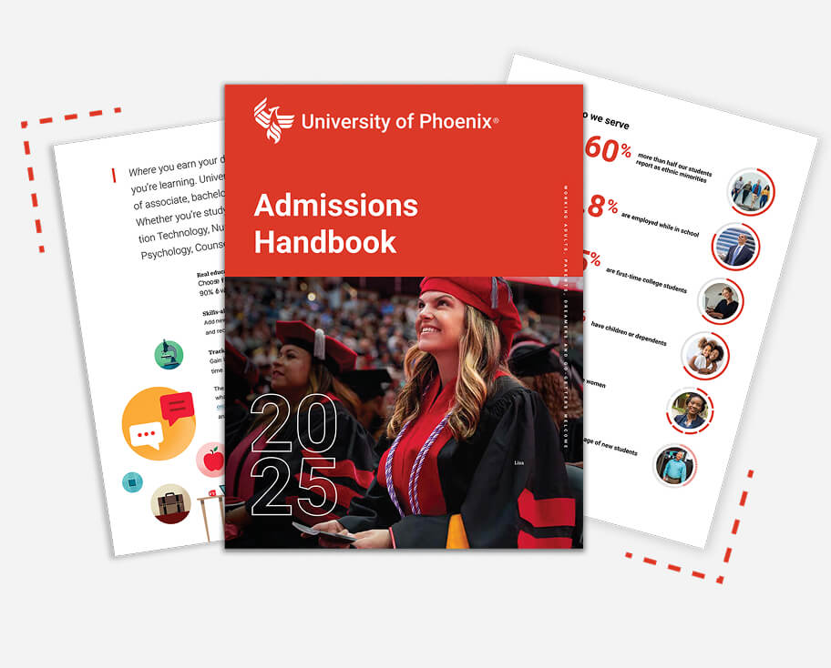 The cover and 2 pages of the 2025 Admissions Handbook feature a smiling doctoral student at commencement, illustrations and descriptions.