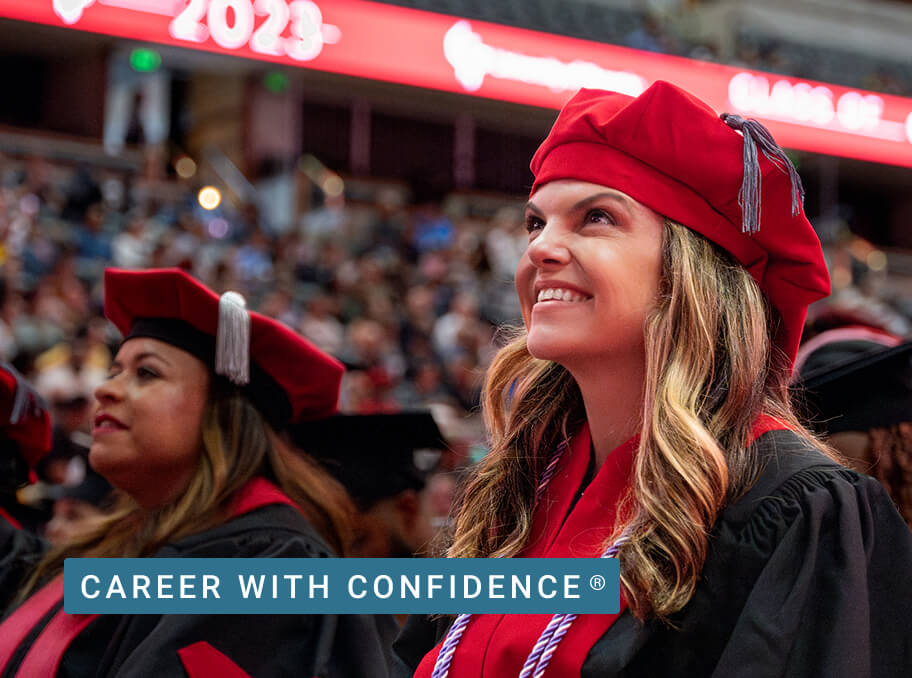 The cover and 2 pages of the 2025 Admissions Handbook feature a smiling doctoral student at commencement, illustrations and descriptions.