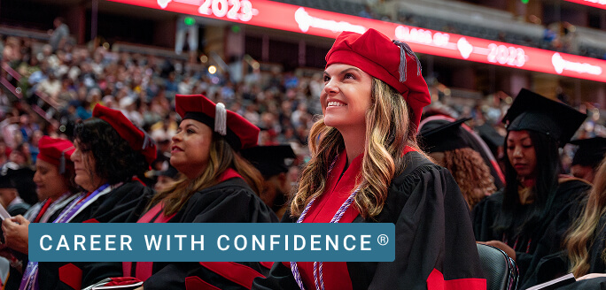The cover and 2 pages of the 2025 Admissions Handbook feature a smiling doctoral student at commencement, illustrations and descriptions.