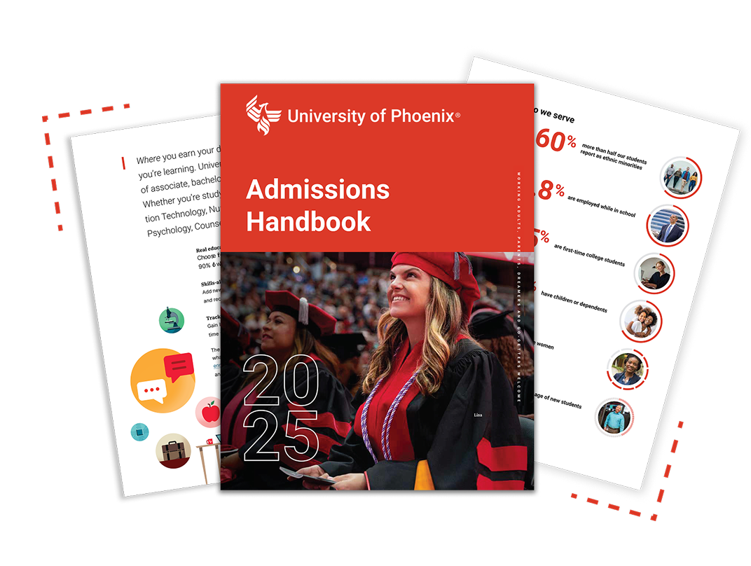 The cover and 2 pages of the 2025 Admissions Handbook feature a smiling doctoral student at commencement, illustrations and descriptions.
