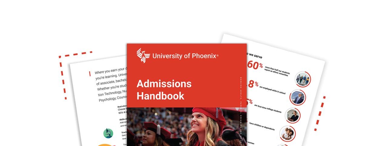 The cover and 2 pages of the 2025 Admissions Handbook feature a smiling doctoral student at commencement, illustrations and descriptions.