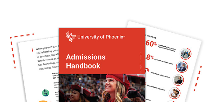 The cover and 2 pages of the 2025 Admissions Handbook feature a smiling doctoral student at commencement, illustrations and descriptions.