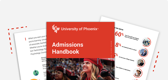 The cover and 2 pages of the 2025 Admissions Handbook feature a smiling doctoral student at commencement, illustrations and descriptions.