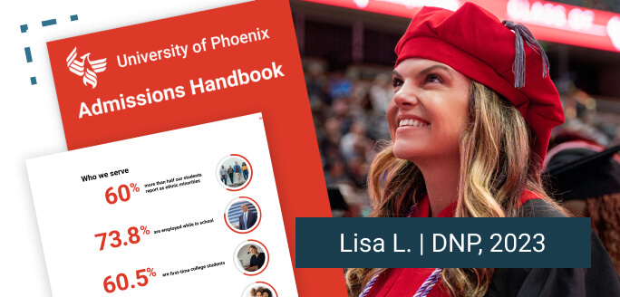 The cover and 2 pages of the 2025 Admissions Handbook feature a smiling doctoral student at commencement, illustrations and descriptions.