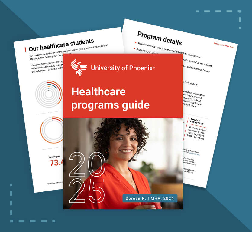 The Healthcare programs guide cover shows a confident public health administrator looking toward the future.