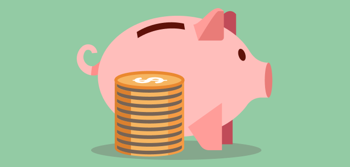 Image of a piggy bank and a stack of gold coins.