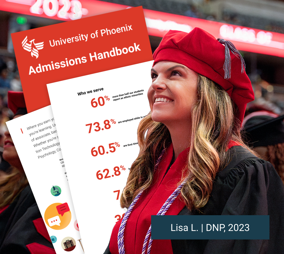 The cover and 2 pages of the 2025 Admissions Handbook feature a smiling doctoral student at commencement, illustrations and descriptions.