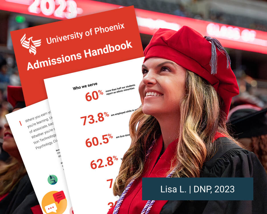 The cover and 2 pages of the 2025 Admissions Handbook feature a smiling doctoral student at commencement, illustrations and descriptions.