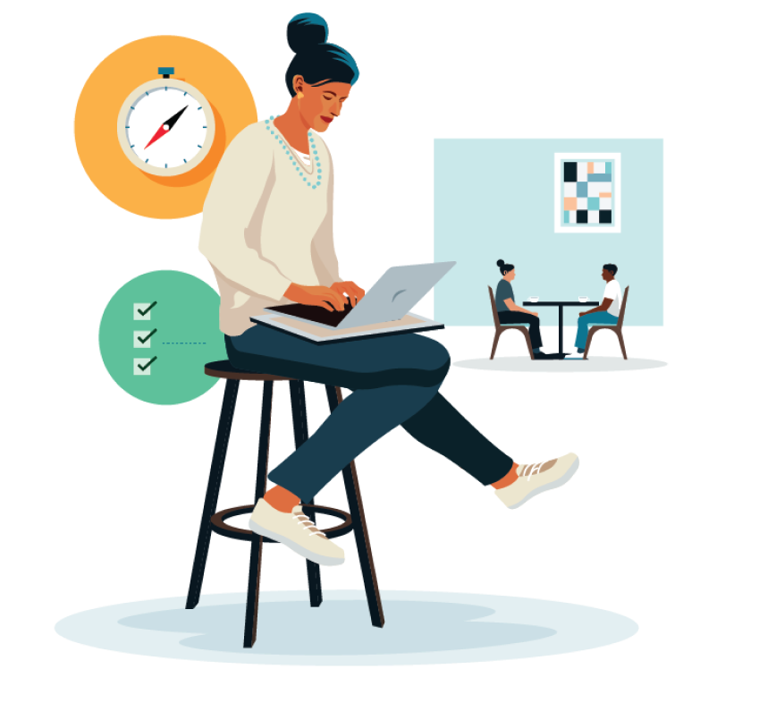 Woman typing on a laptop with woman and man in the background talking at a table. Time and task list icons.
