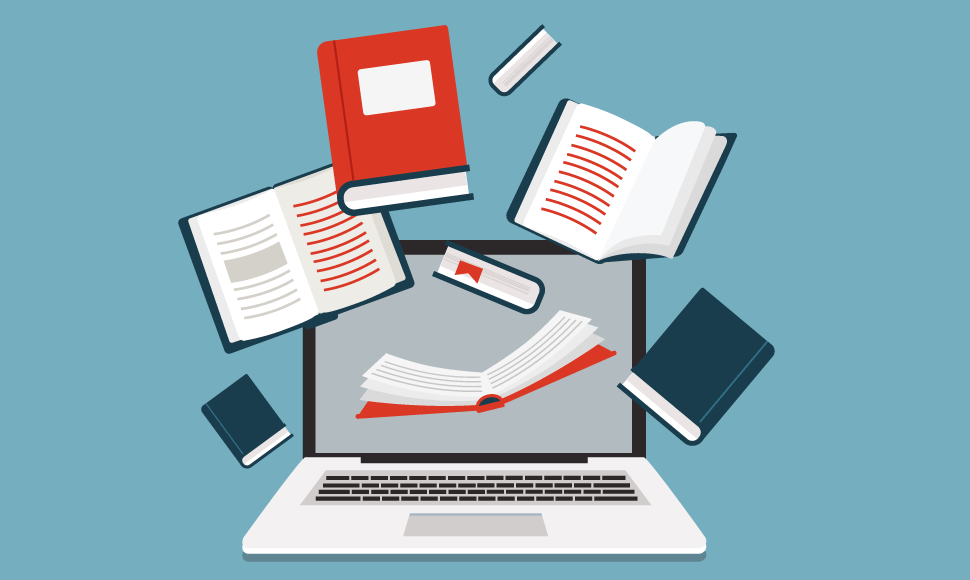 A collage concept with a laptop and books floating around it
