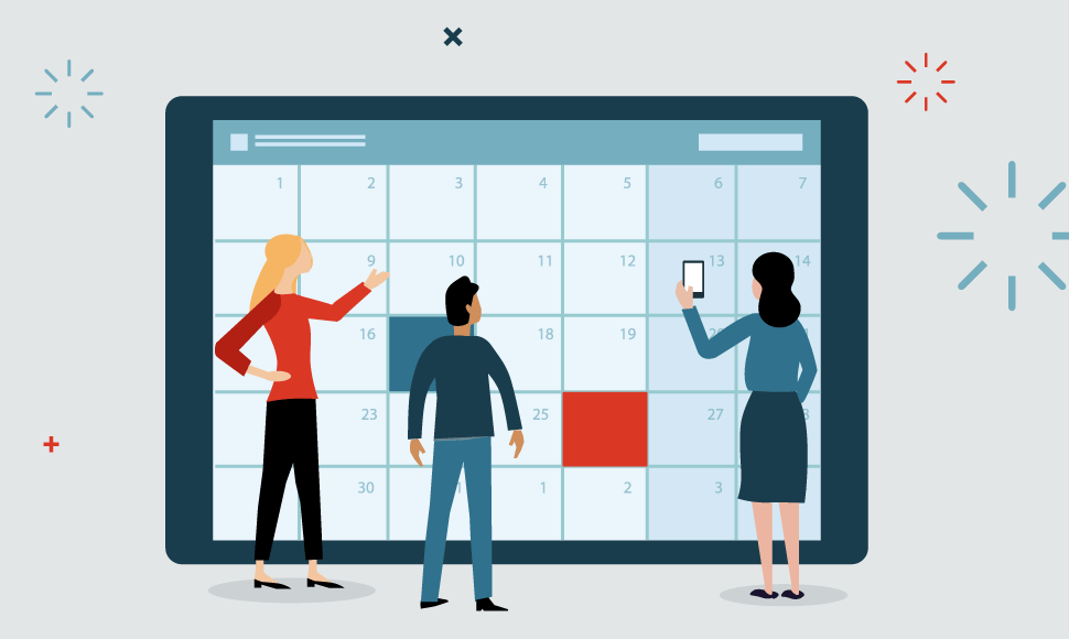 calendar image with figures standing in front of it holding up phones