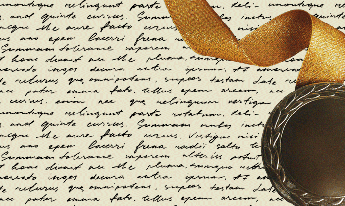 A gold medal suspended on a ribbon hanging in the top right of the frame with script in the background.