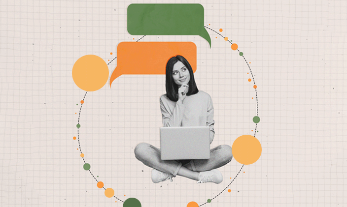Woman sitting with legs crossed and a laptop computer in her lap. Her head tilts to the left side of the frame with two text bubbles behind her head.