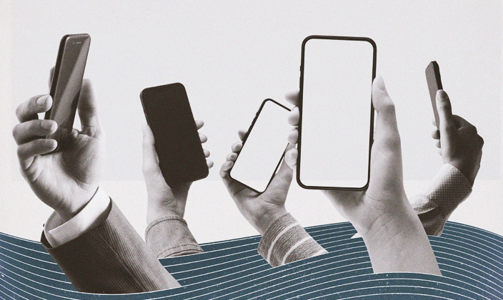 Five hands shown in black and white holding cell phones with the screens facing out.