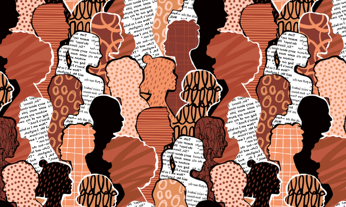 Silhouettes of people within the frame, shaded in white, black, tan and brown colors.