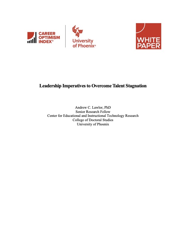 Cover page of white paper with text that reads, "University of Phoenix College of Doctoral Studies issues white paper on employer leadership imperatives to address talent stagnation."