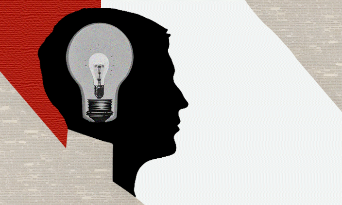Side silhouette of a man's face with a graphic of a lightbulb inside the head.